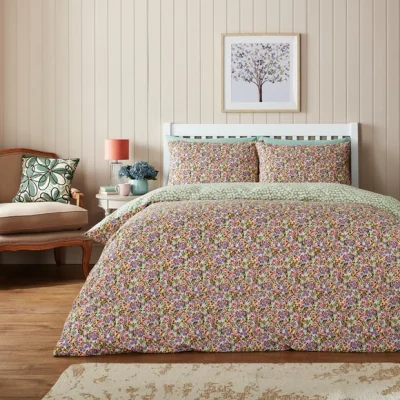 Dunelm Pia Tulip Green Cotton Duvet Cover & Pillowcase Set Green