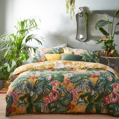Dunelm furn. Medinilla Mustard Duvet Cover & Pillowcase Set Yellow/Green/Pink