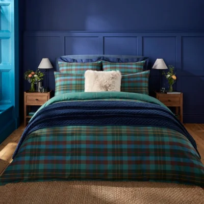 Dunelm Dorma Brushed Cotton Maison Green Checked Duvet Cover & Pillowcase Set Green