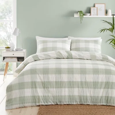Dunelm Fusion Seersucker Gingham Duvet Cover and Pillowcase Set Green