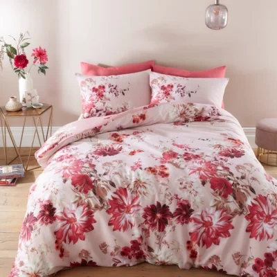 Dunelm Bianca Fine Linens Briony Floral 100% Cotton Duvet Cover & Pillowcase Set Pink