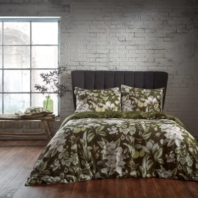 Dunelm EW by Edinburgh Weavers Lavish Floral Moss 100% Cotton Sateen Duvet Cover & Pillowcase Set Green