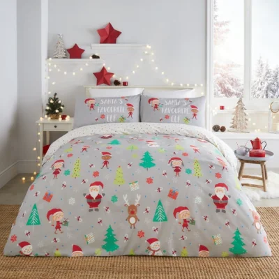 Dunelm Fusion Elf & Santa Duvet Cover & Pillowcase Set Grey