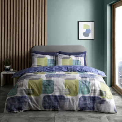 Dunelm Catherine Lansfield Layered Geo Reversible Blue Duvet Cover & Pillowcase Set Blue
