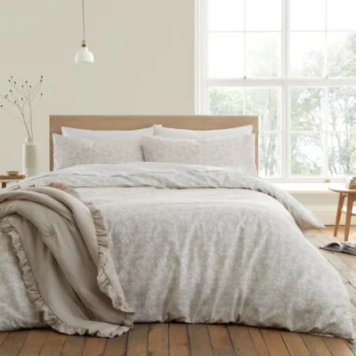 Dunelm Bianca Shadow Leaves 200 Thread Count Cotton Natural Duvet Cover and Pillowcase Set Natural