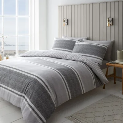 Dunelm Catherine Lansfield Textured Banded Stripe Reversible Grey Duvet Cover & Pillowcase Set Grey