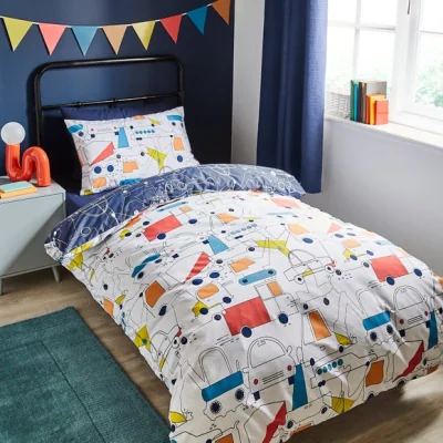 Dunelm Elements Transport 100% Cotton Duvet Cover and Pillowcase Set Blue/Yellow/White