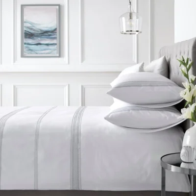 Dunelm Appletree Boutique Embroidered Band 200 Thread Count Cotton Duvet Cover and Pillowcase Set White