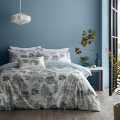 Dunelm RHS Japanese Garden 200 Thread Count Sea Spray Blue Cotton Reversible Duvet Cover and Pillowcase Set Sea Spray