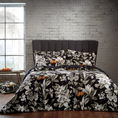 Dunelm EW by Edinburgh Weavers Lavish Floral Noir 100% Cotton Sateen Duvet Cover & Pillowcase Set Black