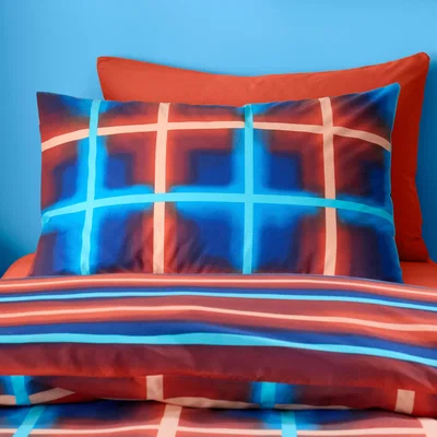 Dunelm Red & Blue Neon Checks Reversible Duvet Cover and Pillowcase Set