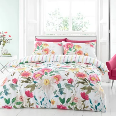 Dunelm Catherine Lansfield Fresh Floral Reversible White Duvet Cover & Pillowcase Set White