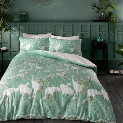 Dunelm Bianca Fine Linens Painted Stork 100% Cotton Duvet Cover & Pillowcase Set Green