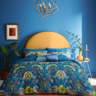Dunelm Matthew Williamson Gardenia Floral Damask 200 Thread Count Cotton Blue Duvet Cover and Pillowcase Set Blue