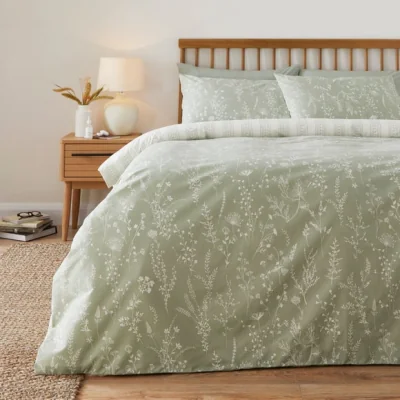Dunelm Anica Floral Sage Duvet Cover and Pillowcase Set Green/White