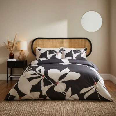 Dunelm Leila Floral Black Duvet Cover and Pillowcase Set Grey/White
