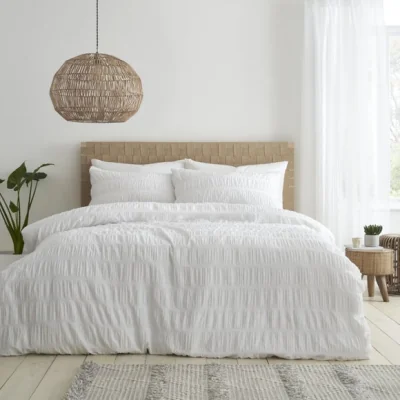 Dunelm Seersucker White Reversible Duvet Cover & Pillowcase Set Natural (White)