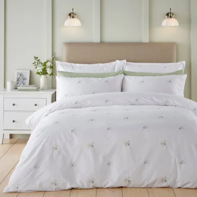 Dunelm Emma Cow Parsley Embroidery 100% Cotton Sateen Duvet Cover & Pillowcase Set
