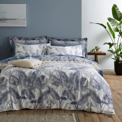 Dunelm Tropical Palm Leaf Duvet Cover & Pillowcase Set Folkstone Blue