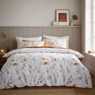 Dunelm Autumn Meadow Brushed Cotton Duvet Cover and Pillowcase Set Orange