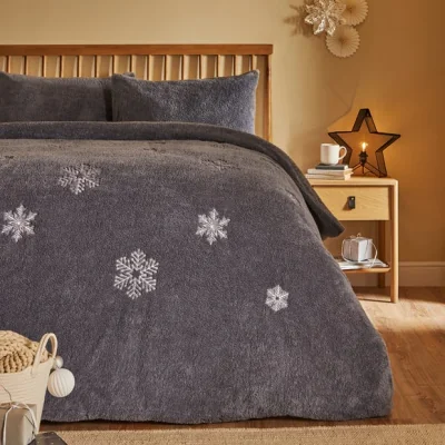 Dunelm Snowflake Embroidered Duvet Cover and Pillowcase Set Grey/White