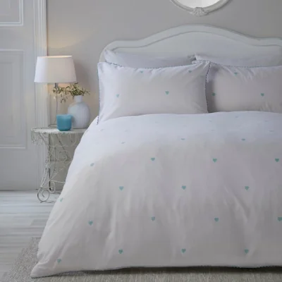 Dunelm Serene Decoartive Heart Duvet Cover and Pillowcase Set Duck Egg (Blue)