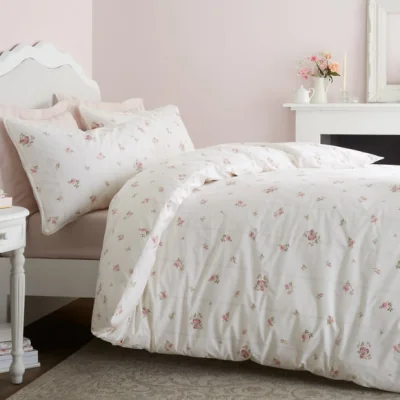 Dunelm Bianca Vintage Rosebud Lace 100% Cotton Duvet Cover & Pillowcase Set