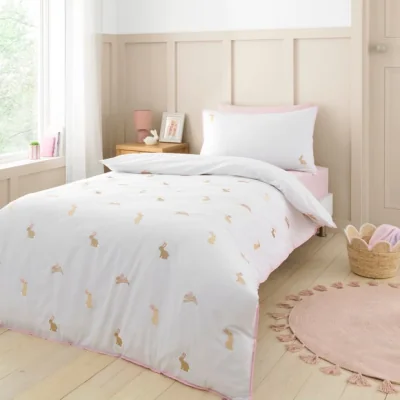Dunelm Embroidered Bunnies 100% Cotton Quilt Cover & Pillowcase Set