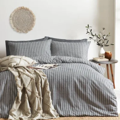Dunelm The Linen Yard Herringbone Stripe Slate 100% Cotton Duvet Cover & Pillowcase Set Charcoal