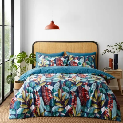 Dunelm Catherine Lansfield Botanical Leaves Reversible Green Duvet Cover & Pillowcase Set Green