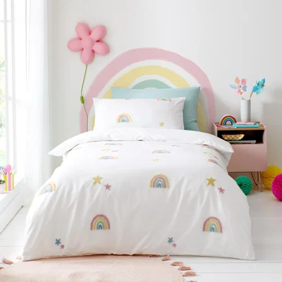 Dunelm Tufted Rainbow Single Duvet Cover and Pillowcase Set White