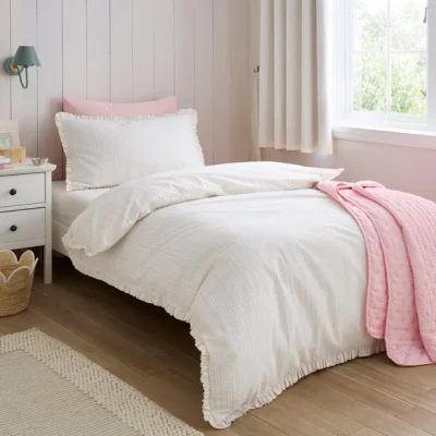 Dunelm Stripe Frill Seersucker Cotton Duvet Cover and Pillowcase Set