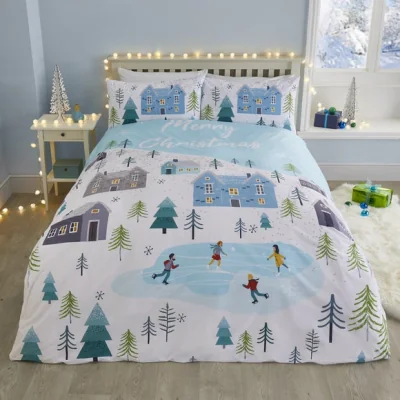 Dunelm Fusion Festive Village Duvet Cover & Pillowcase Set Blue