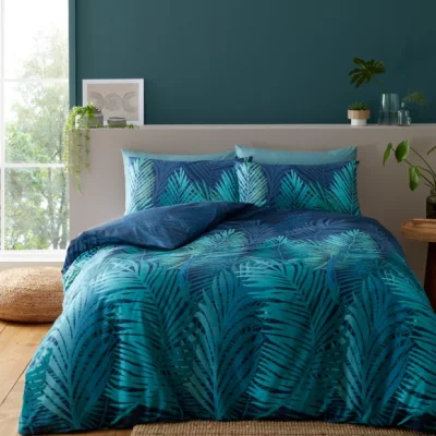 Dunelm Catherine Lansfield Tropical Palm Reversible Green Duvet Cover & Pillowcase Set Green