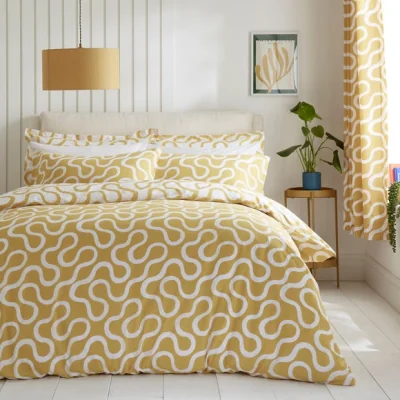 Dunelm Elements Wiggins Wiggle Ochre Cotton Duvet Cover and Pillowcase Set Ochre
