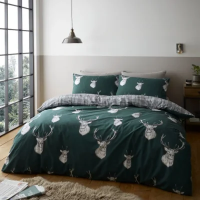 Dunelm Catherine Lansfield Stag Green Duvet Cover and Pillowcase Set Green/White
