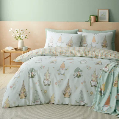 Dunelm Catherine Lansfield Spring Gnomes Reversible Duvet Cover & Pillowcase Set