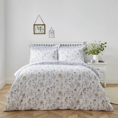 Dunelm Floral Stem Purple Duvet Cover and Pillowcase Set Purple/Yellow