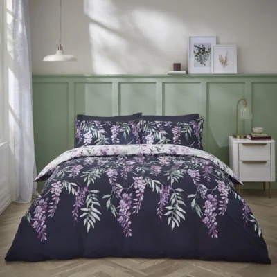 Dunelm Catherine Lansfield Wisteria Reversible White Duvet Cover & Pillowcase Set White
