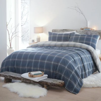 Dunelm Aviemore Checked Duvet Cover and Pillowcase Set Blue Blue