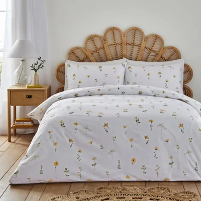 Dunelm Pressed Floral Yellow 100% Cotton Duvet Cover and Pillowcase Set Yellow/White/Green