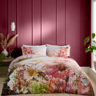Dunelm Hyperion Interiors Florence 100% Cotton Duvet Cover & Pillowcase Set Pink
