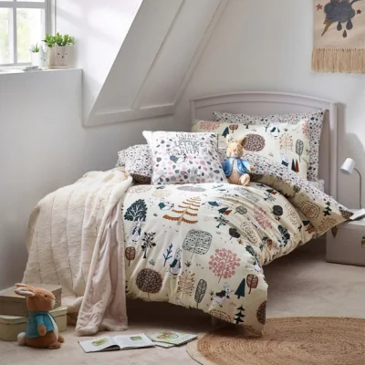 Dunelm Peter Rabbit™ Scandi Woods Natural Duvet Cover and Pillowcase Set White/Pink/Green
