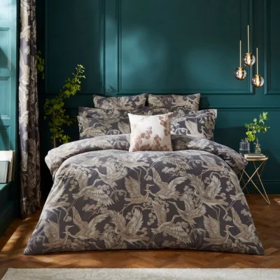 Dunelm Dorma Gilded Crane 100% Cotton Duvet Cover & Pillowcase Set Charcoal