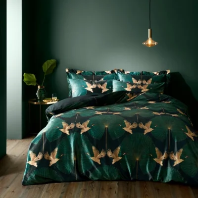 Dunelm Luxe Cranes Emerald Duvet Cover and Pillowcase Set Green/Gold