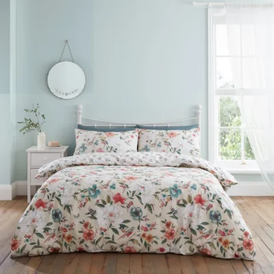 Dunelm Catherine Lansfield Pippa Floral Birds Natural Duvet Cover and Pillowcase Set Natural