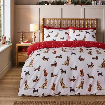 Dunelm Festive Dogs Quilt Cover and Pillowcase Set