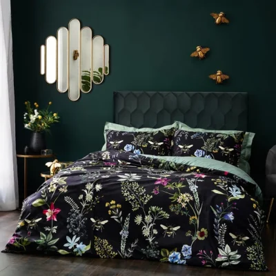 Dunelm Wylder Midnight Bee Velvet Duvet Cover & Pillowcase Set, Black Black/Green/Yellow