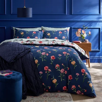 Dunelm Carnation Bloom Navy Duvet Cover and Pillowcase Set Navy (Blue)