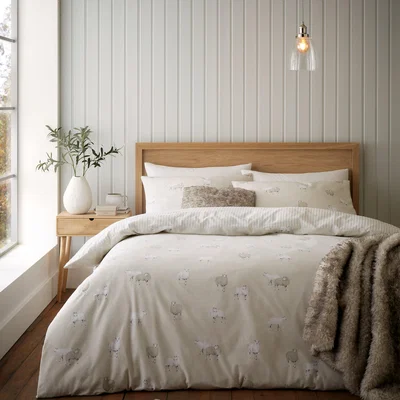Dunelm Catherine Lansfield Sheep 100% Duvet Cover and Pillowcase Set Natural
